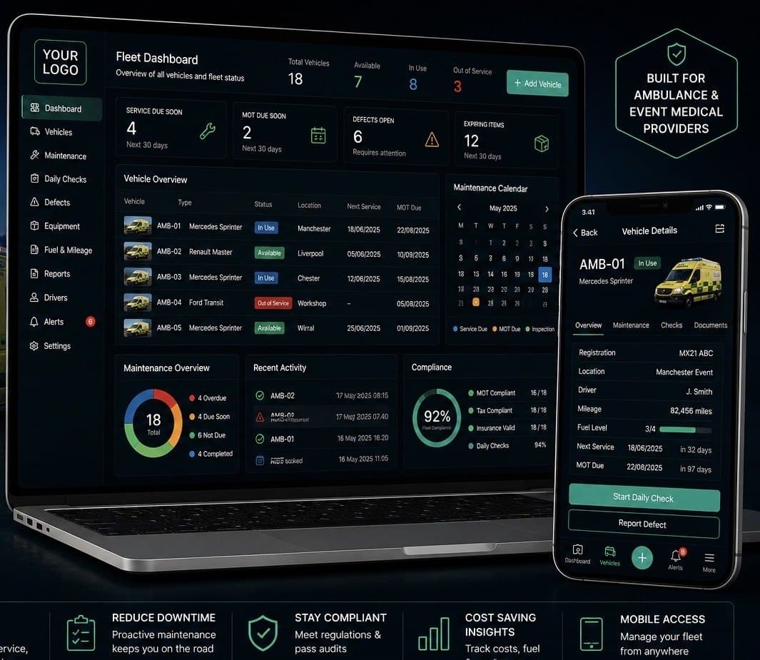 Illustrative fleet management dashboard shown on a laptop and phone