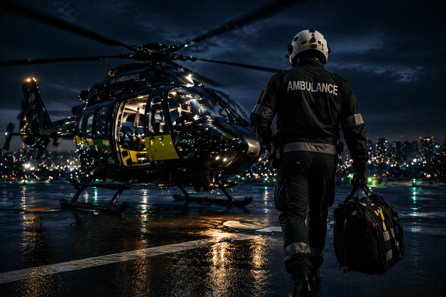 UK paramedic approaching helicopter ambulance at night