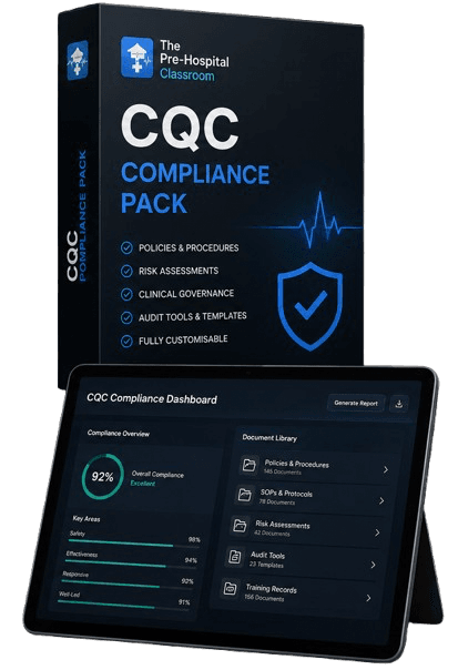 CQC Compliance Pack box beside a tablet showing a compliance dashboard