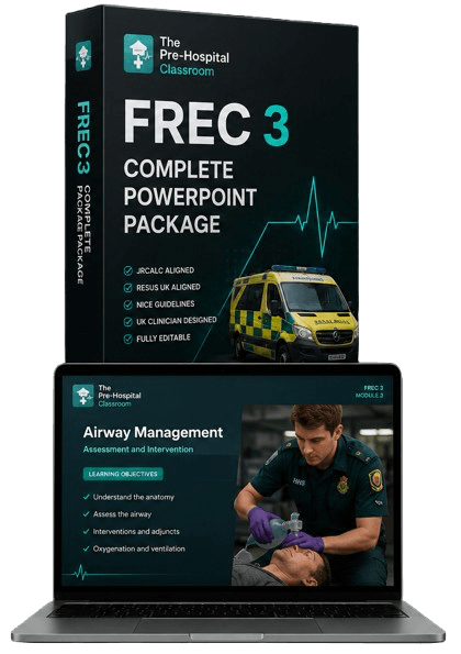 FREC 3 Complete PowerPoint Package box beside a laptop showing an Airway Management training slide