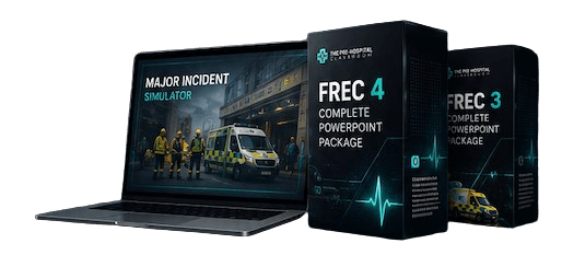 Major Incident Simulator on a laptop beside FREC 4 and FREC 3 Complete PowerPoint Package boxes